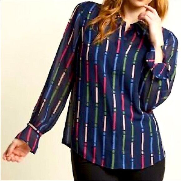 ModCloth Top Sheer Shirt Geometric Print Navy Print Blouse Size M - Picture 1 of 9
